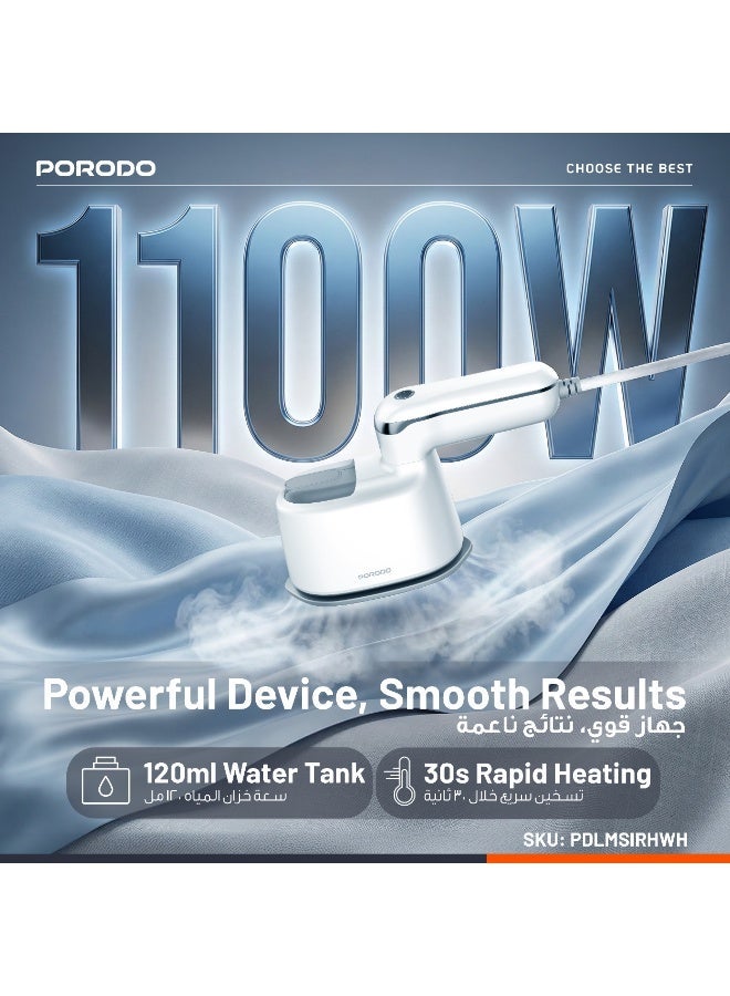 porodo Compact Portable Steam & Heat Iron with Rotating Handle for travel with 120ml Water Tank Capacity/ Ceramic Soleplate / Handheld Steam / Flat Iron Dry & Wet / Garment Steamer 1100W - White - Image 5